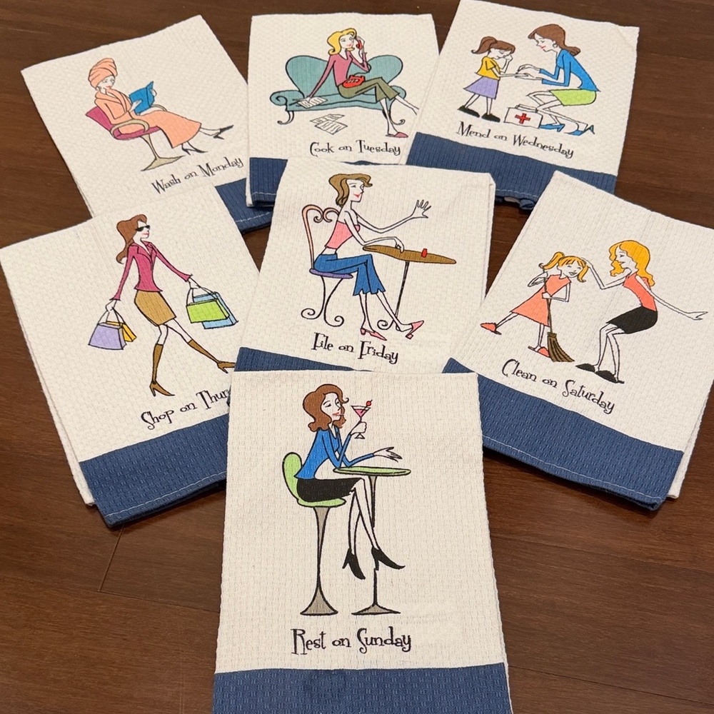 Retro Novelty Weekly Kitchen Towel Set - Blue and White